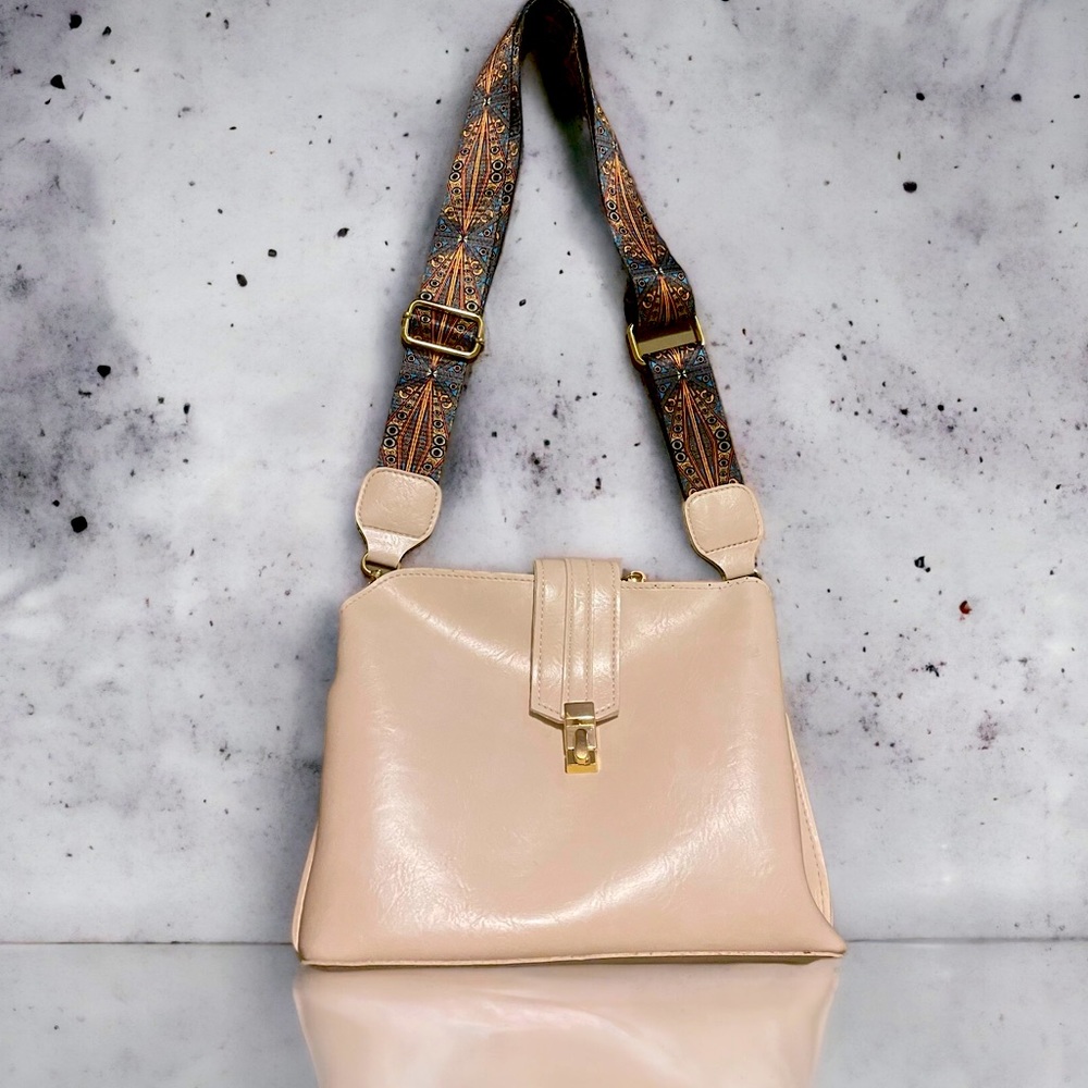 Beige Color Crossbody Faux Leather Handbag